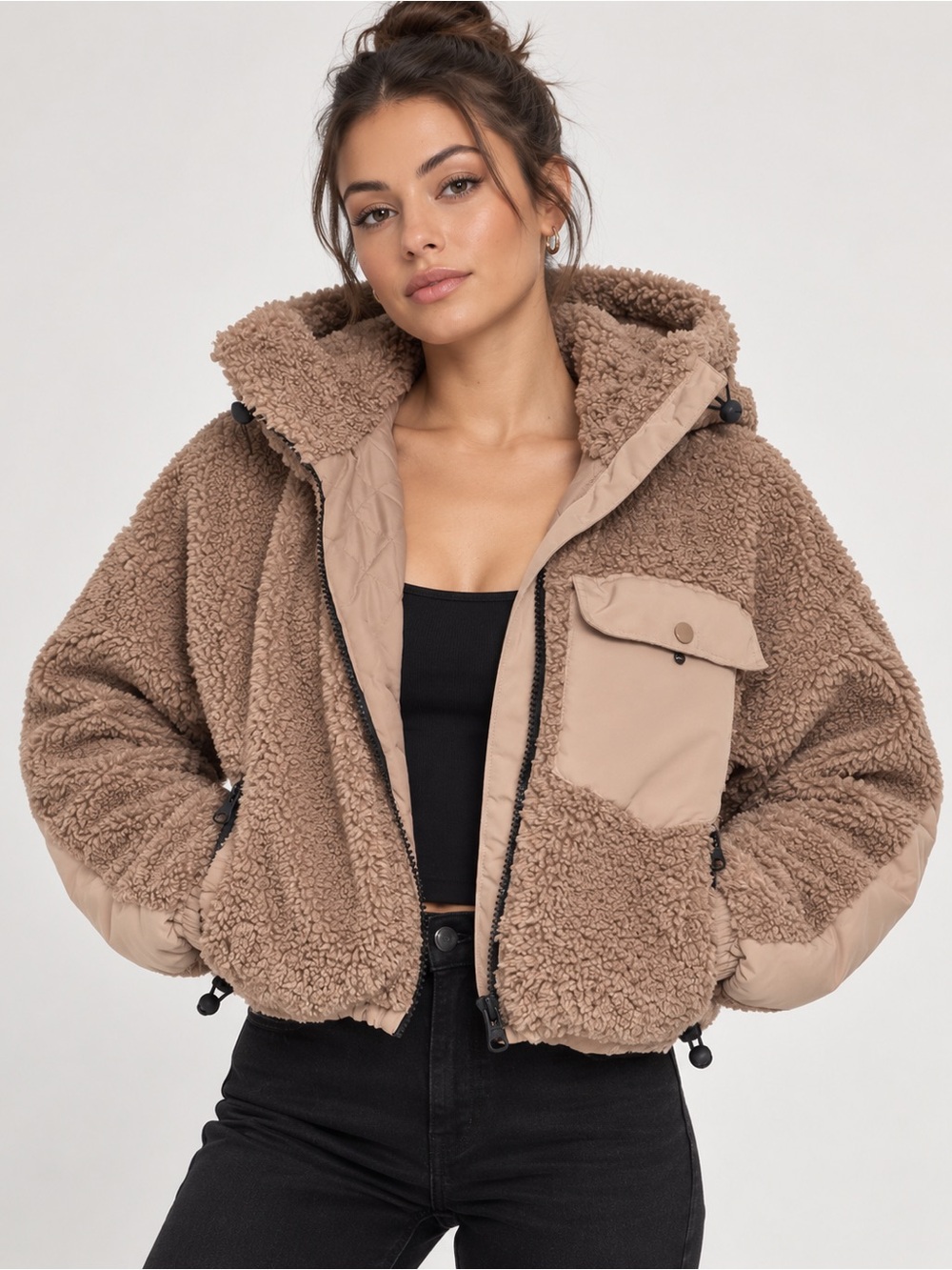 Zara 🧥XS women blush Hooded Sherpa Puffer Jacket